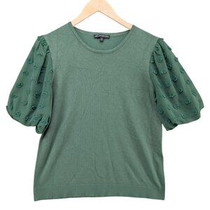 Adrianna Papell Clip Dot Puff Sleeve Top Womens Green Knit Jewelneck Size M